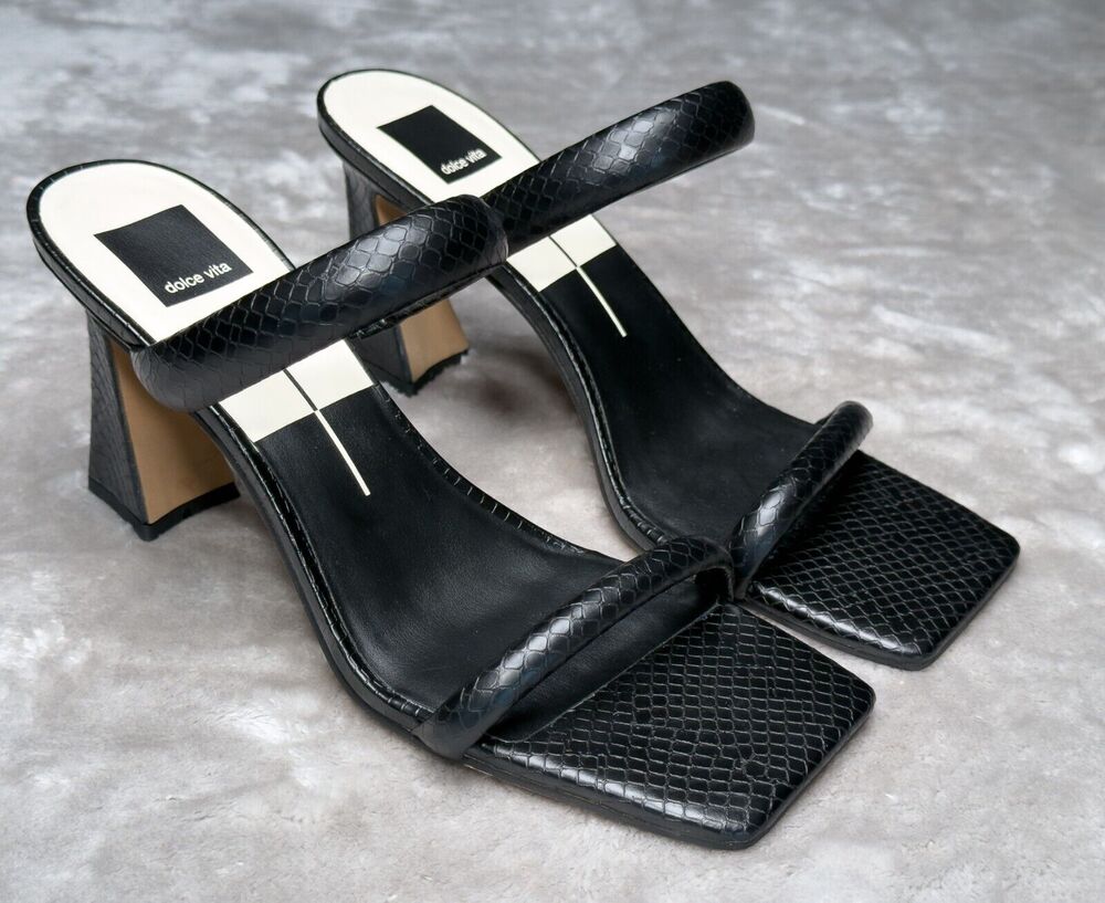 Dolce Vita Novah Two Strap Black Embossed Snake Print Sandals Womens Size 9 NEW